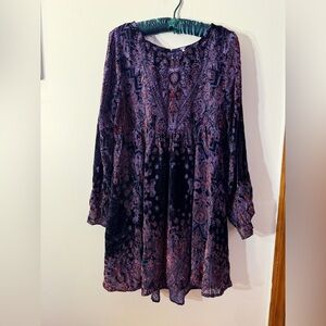 Free People Mirror Mirror Velvet Purple Mini Dress Women Tunic Babydoll Sz Large